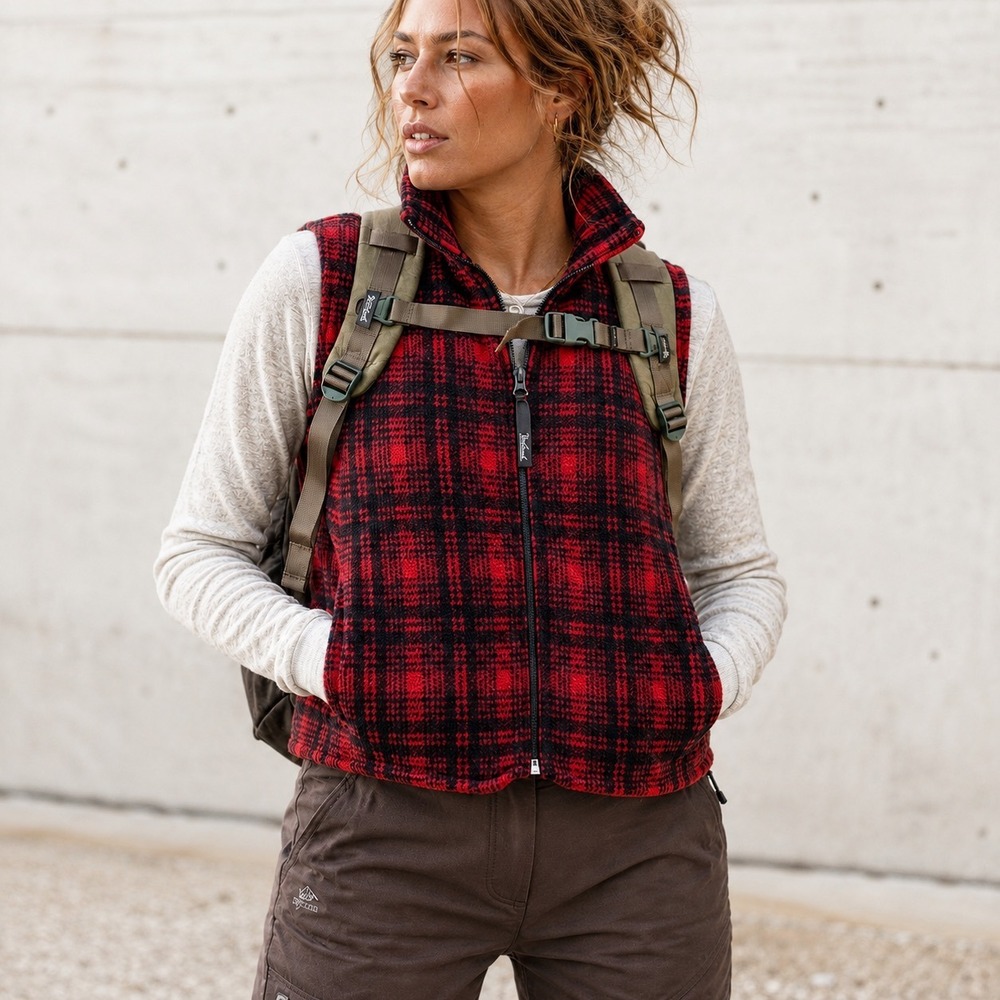 Woolrich Red Black Hunt Buffalo Plaid Fleece Vest Women's Small, Full Zip